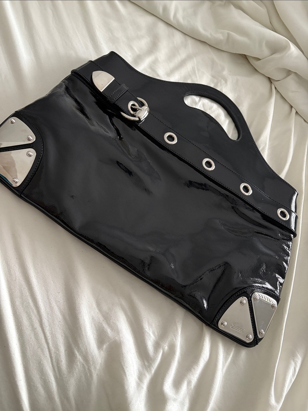 Gucci Black Patent Leather Tote Bag with Silver Hardware with COA and dust bag